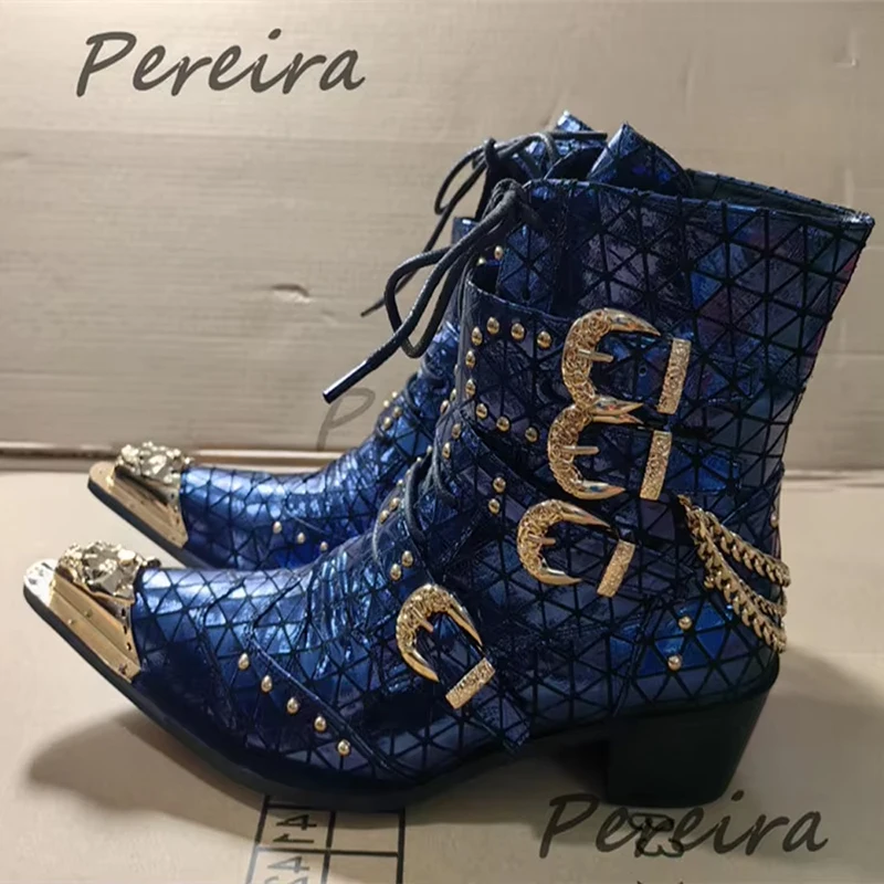 Metal Buckle Chain Mid-Calf Boots Gold Dragon Toe Rivets Genuine Leather Chelsea Boots Trendy Party Prom Dress Shoes Large Size