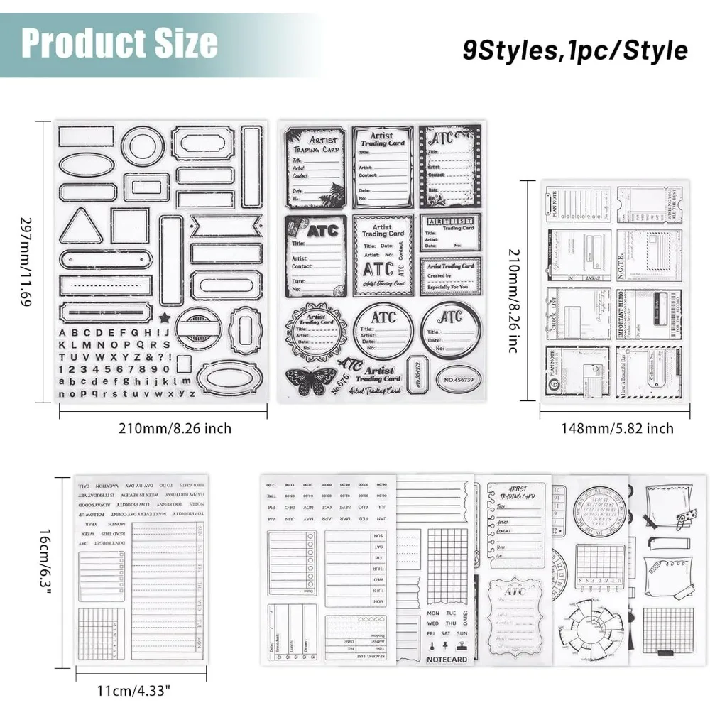 9 Sheets Notes Clear Stamps Journal Clear Stamps Calendar Planner Stencils Silicone Clear Stamp Seals Transparent Stamps for DIY