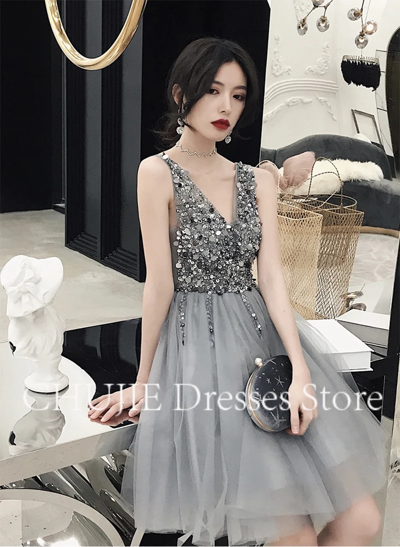 Sequins Graduation Dress ﻿Customized Beads Cocktail Dresses A Line V Neck For Woman Wedding Prom Gowns Pleat Homecoming Dress