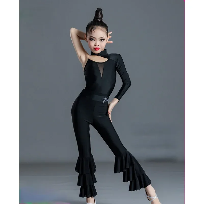 

Kids Latin Dance Clothes Girls One-Sleeved Tops Ruffled Pants Black Practice Suit Cha Cha Dance Performance Costume