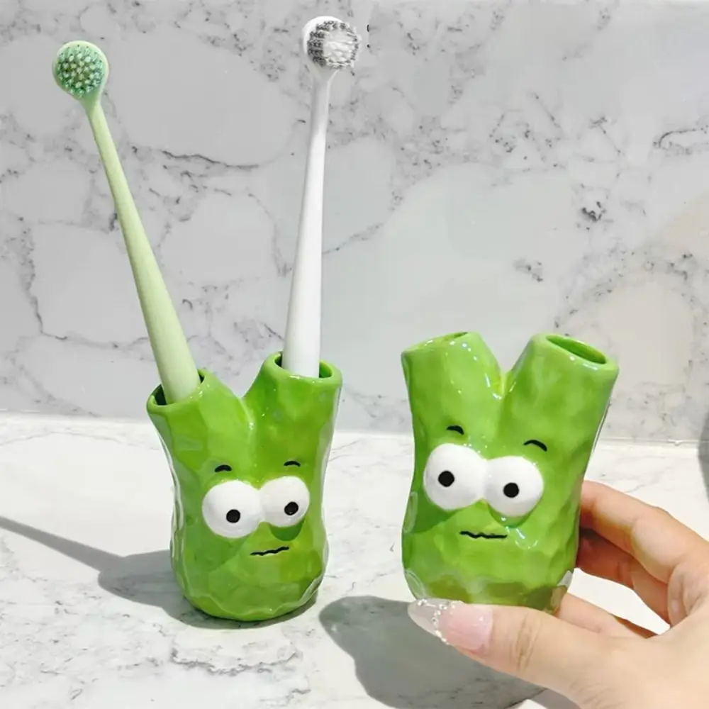 Soporte de cerámica para cepillos de dientes con 2 agujeros, estante de almacenamiento creativo para cepillos de dientes con forma de cebollino, dibujos animados que ahorran espacio