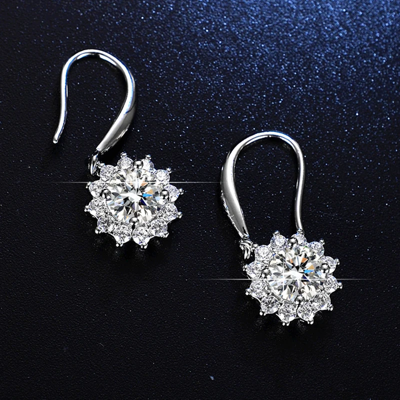 New Fashion Fine 925 Sterling Silver Round Zircon Sunflower Drop Earrings Women Wedding Jewelry Snowflake Crystal Hook Eardrop