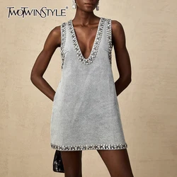 TWOTWINSTYLE Solid Spliced Diamonds Denim Dress For Women V Neck Sleeveless Pullover High Street Minimalist Mini Dress Female