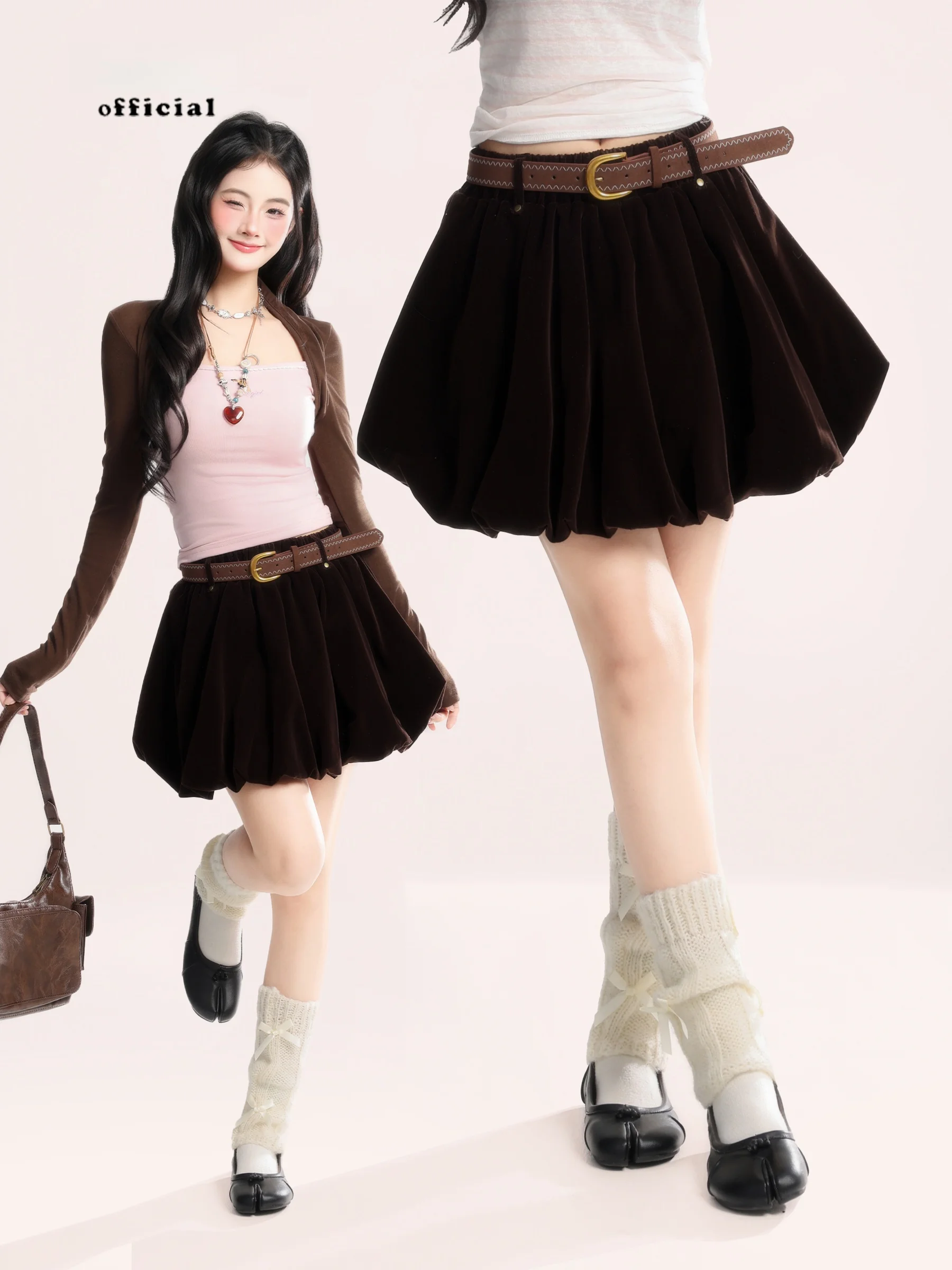 

Женская короткая бархатная юбка А-силуэта с высокой талией, коричневая, весна 2026, с защитой от просвечивания, утягивающая, в корейском стиле, милая и элегантная