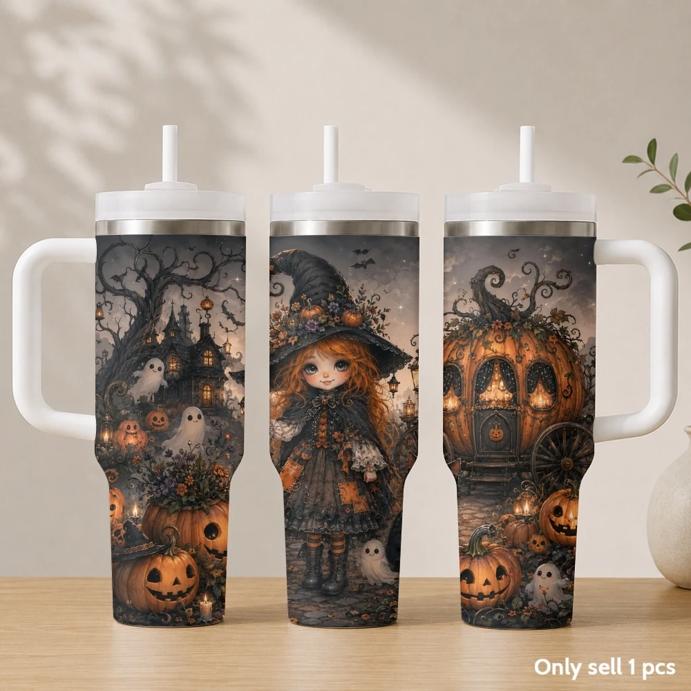 Cute cartoon witch Vacuum Flasks 40oz Stainless Steel Insulated Tumbler with Handle & Straw Leakproof Travel Mug
