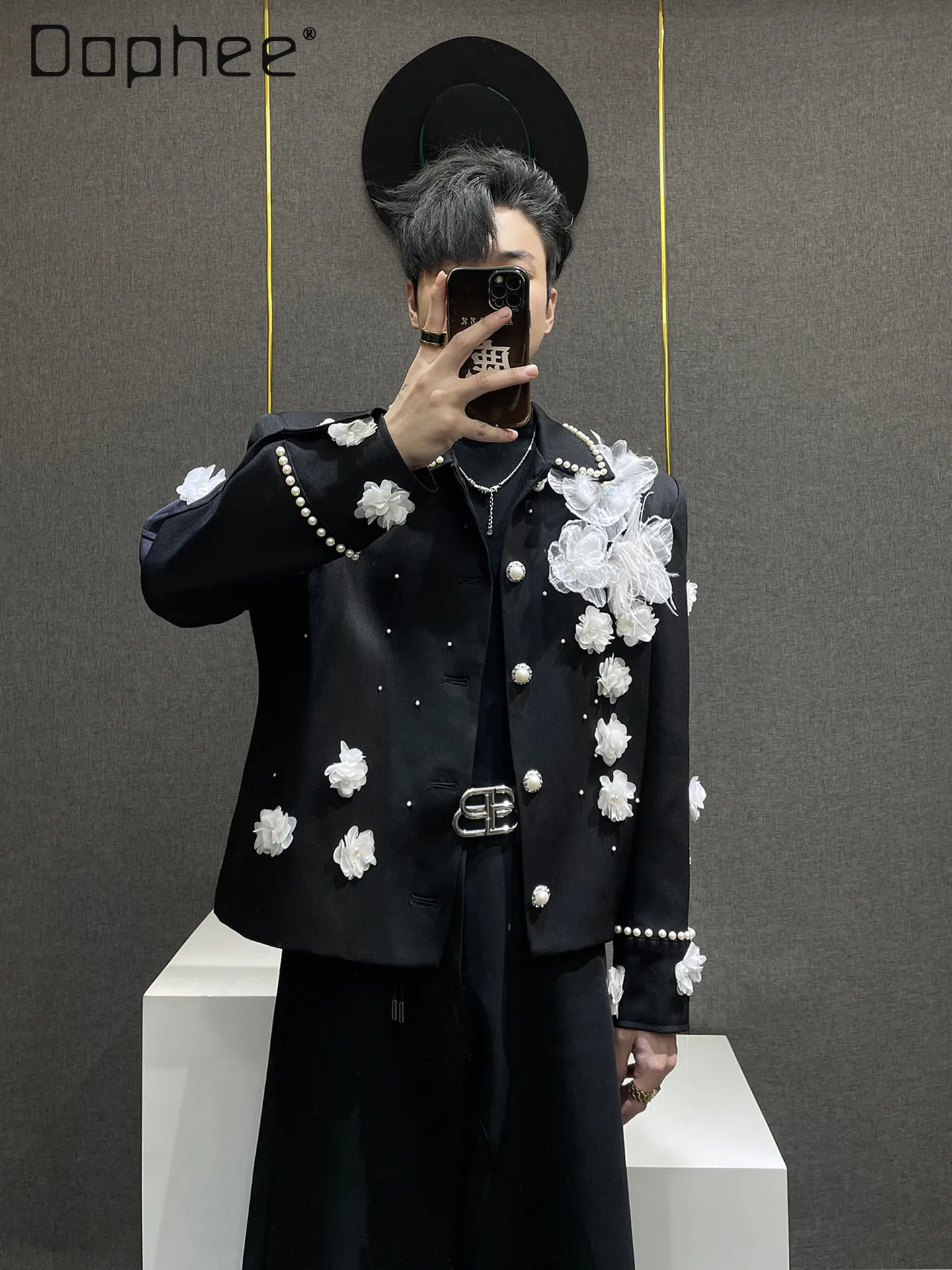

Light Luxury Three-Dimensional Flower Pearl Suit Men's Stage Performance Personality Black Suit High-End Heavy Craft Cool Jacket