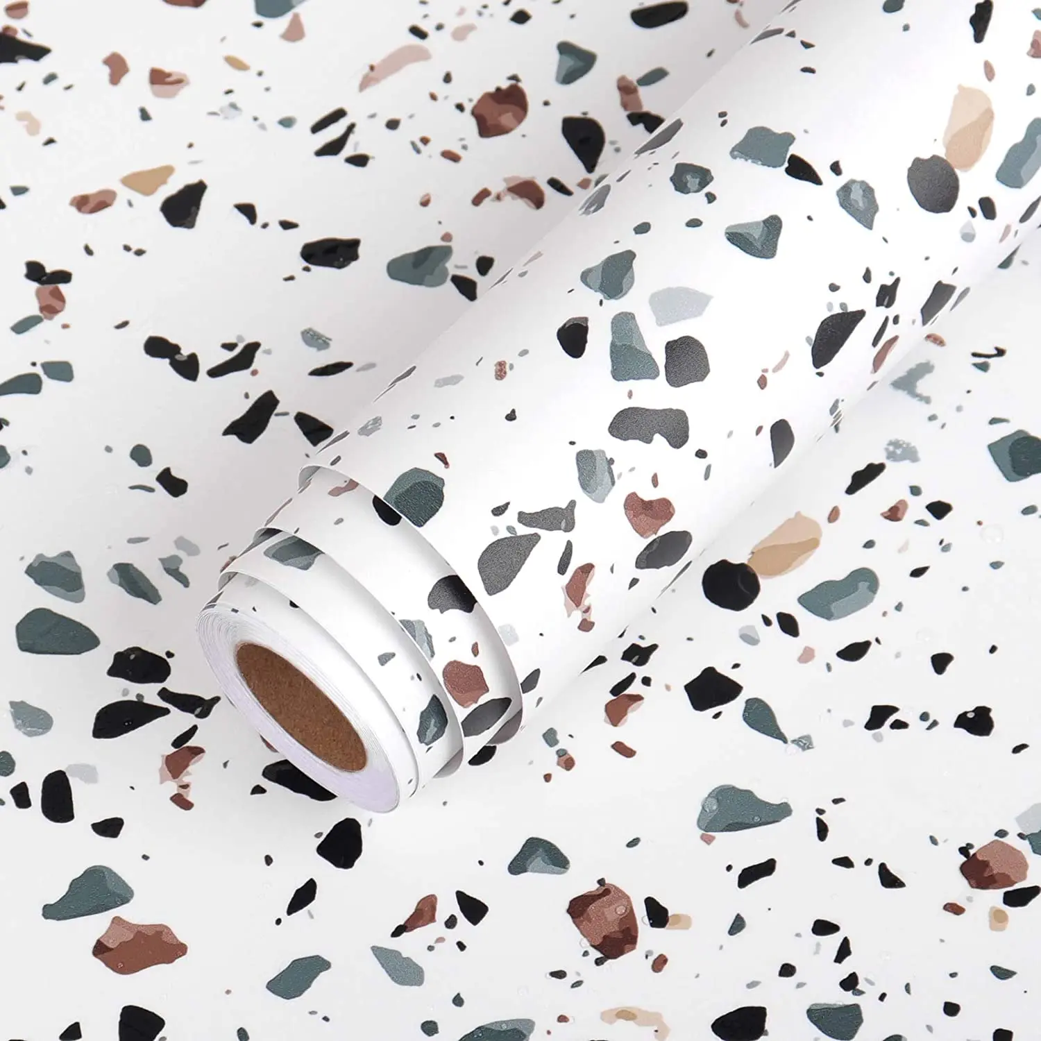 Terrazzo Contact กระดาษสีขาวกันน้ําวอลล์เปเปอร์ม้วนหินแกรนิต Countertop Decor Peel และ Stick สติกเกอร์สําหรับห้องครัว