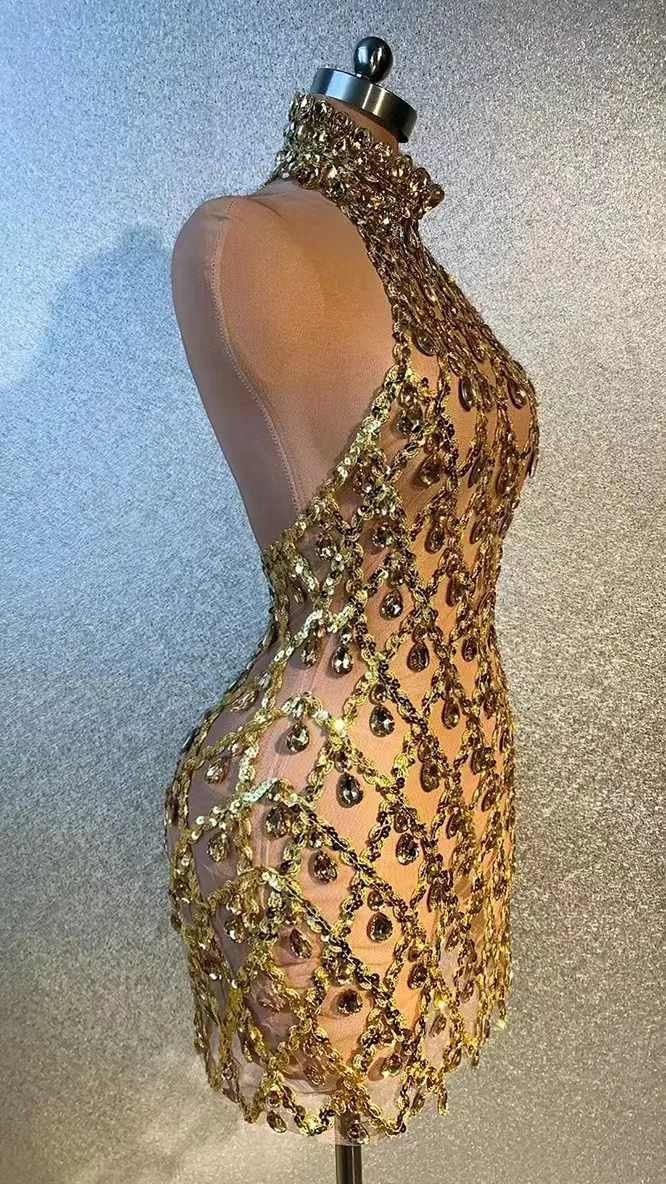 Sparkly Diamanten Hoge Hals Avondjurken See Through Sexy Strass Jurk Shiny Mini Jurken Voor Prom Party