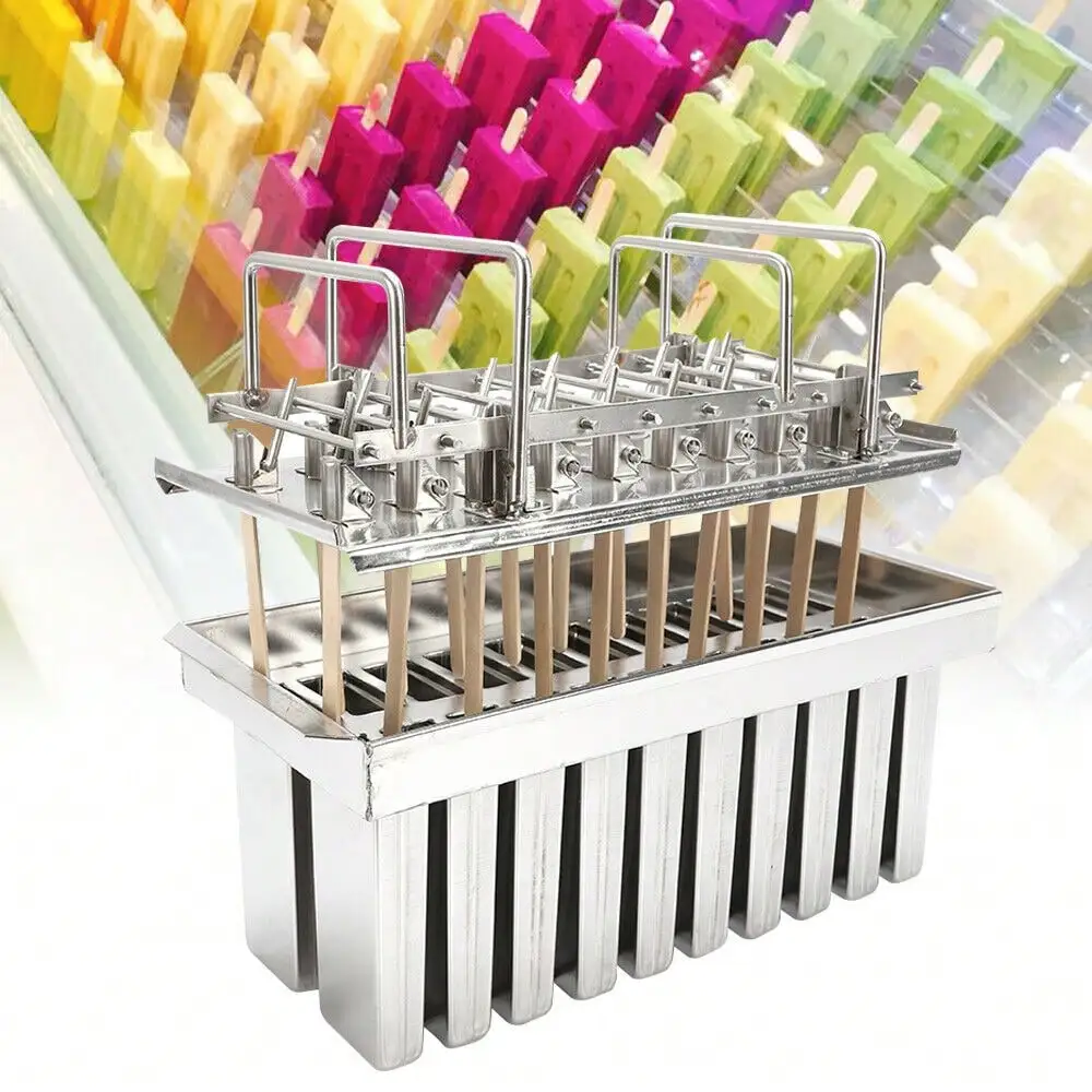 20X Ice Pop Molds Flat Head Flat Stainless Steel Ice Lolly Popsicle Stick Holder Ice Cream Maker With Cleaning Brush