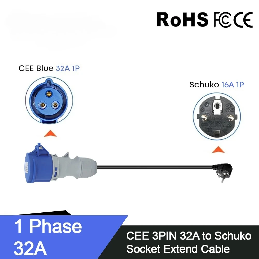 Portable EV charger adapter - blue plug, 3-wire 32A single-phase 7KW socket in accordance with EU standards, CEE