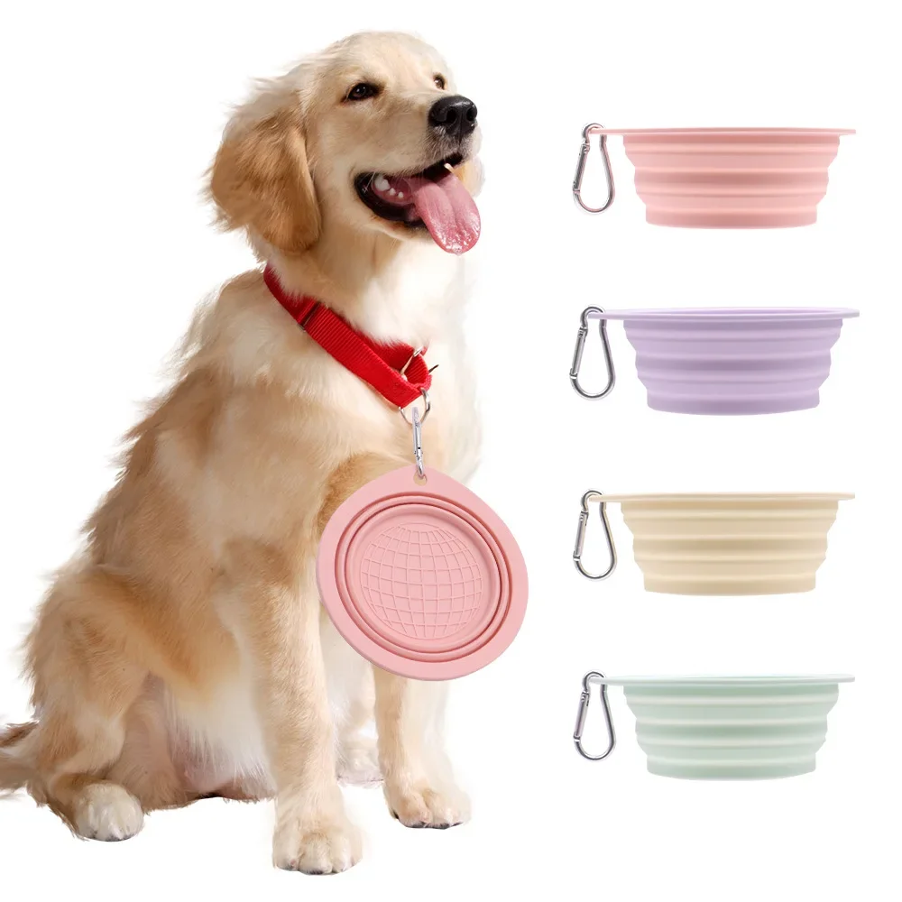 350ml Collapsible Pet Silicone Dog Food Water Bowl Macaron Color Outdoor Travel Portable Folding Supplies Dishes with Carabiner