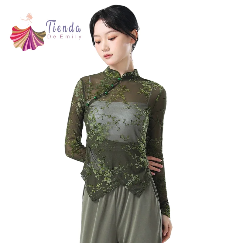 New Modern Short Cheongsam Flock Floral Gauze Top Long Sleeve Sexy Transparent Dancer Training Practice Wear High Collar Qipao