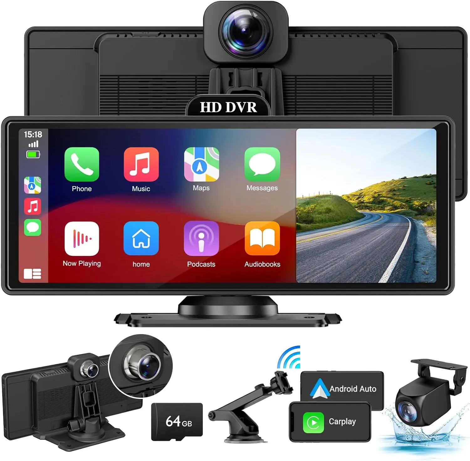 

Wireless Apple Carplay Screen for Car 4K Dash Cam, 10.26" HD Touchscreen with Portable Apple Carplay & Android Auto Car Stereo