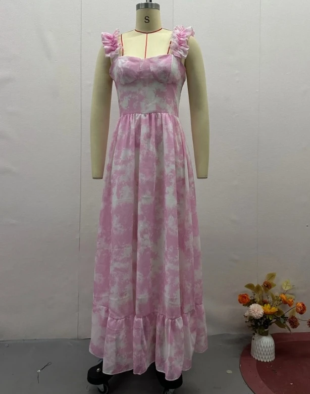 Vestido francés para mujer, moda dulce, teñido anudado, estampado, cintura alta, ajustado, diseño de volantes, tirantes, sin mangas, corte en A, Maxi vestidos