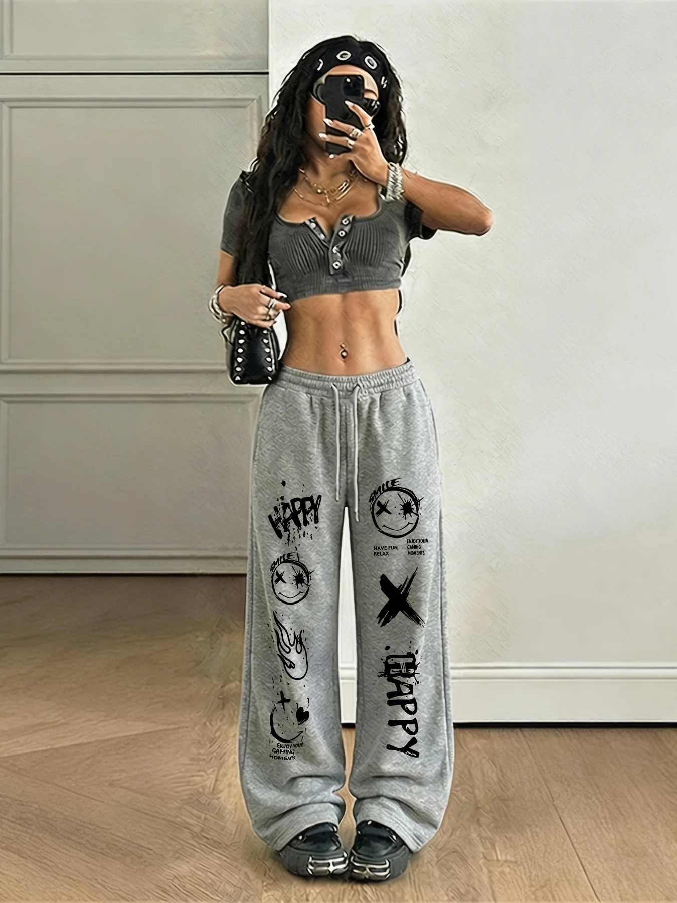 2026 New Model Men Gothic Vertical Graphic Wide Leg Sweatpants Drawstring Loose Straight Baggy Y2K Dark Punk Streetwear Pants.