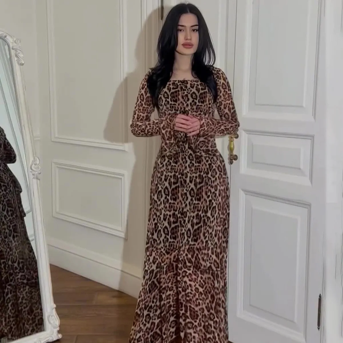 Eid Muslim Party Dress 2024 Spring Summer New Dress Chiffon Printed Leopard Pattern Spliced Long Sleeved Ruffle Elegant Dresses