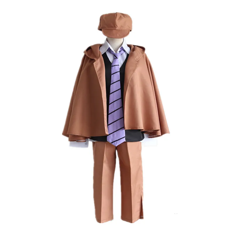 Anime Bungo Stray Dogs Cosplay Fantasias, Detetive Ranpo Edogawa, Capa de Colete, Calças, Gravata, Chapéu, Terno Uniforme, Roupa e Peruca, 6 peças