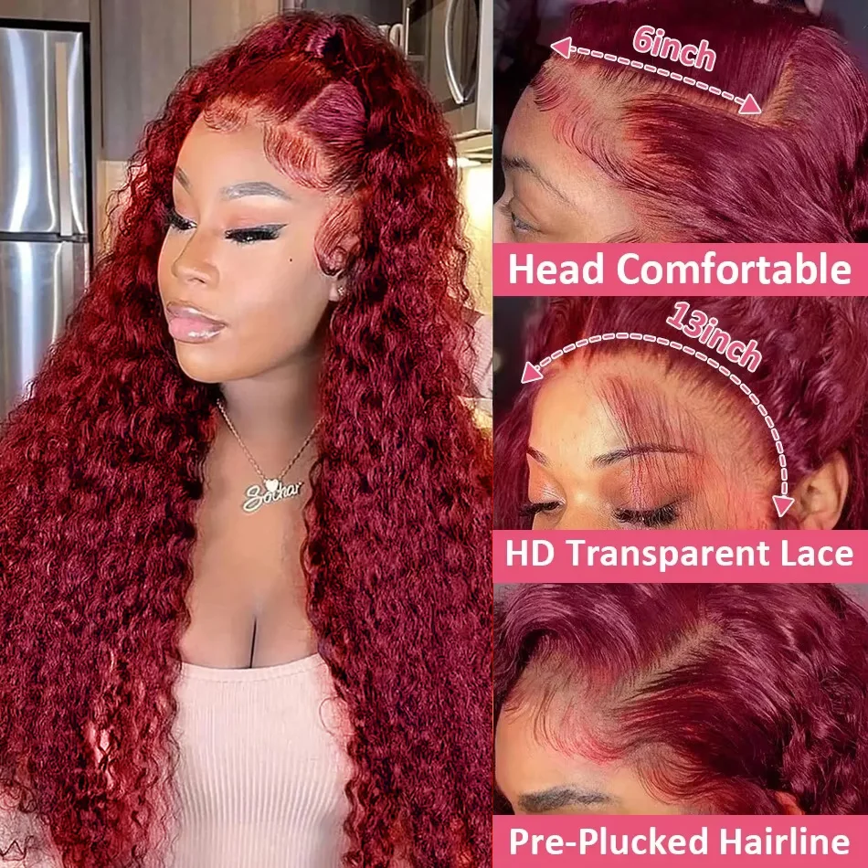 30 32 Inch Curly 99j burgundy 13x4 HD Lace Front Human Hair Brazilian Red Colored Deep Wave 13x6 Lace Frontal Wigs For Women