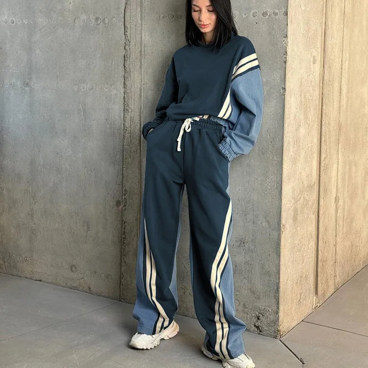 Striped Contrast Sport Sets Women Autumn O Neck Long Sleeve Sweatshirts+Drawstring Sweatpants Fashion Vintage Casual 2 Piece Set