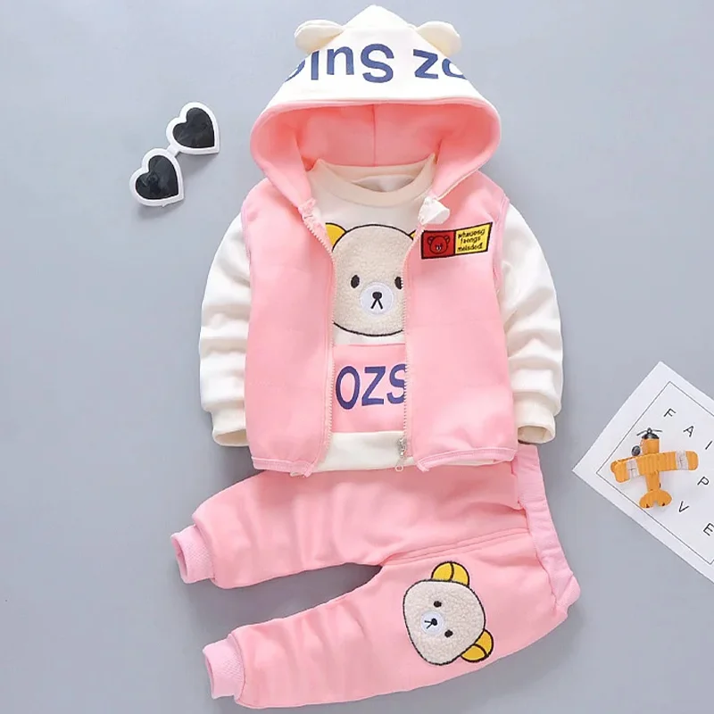 Autumn Winter Baby Girls Cute Bear Clothes Boys Thick Hooded Vest With Long Sleeve Top And Pants 3PCS Sets Kids Warm Tracksuits