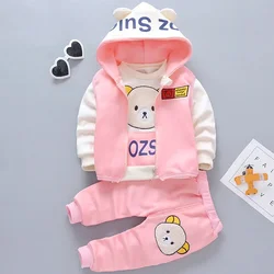 Autumn Winter Baby Girls Cute Bear Clothes Boys Thick Hooded Vest With Long Sleeve Top And Pants 3PCS Sets Kids Warm Tracksuits