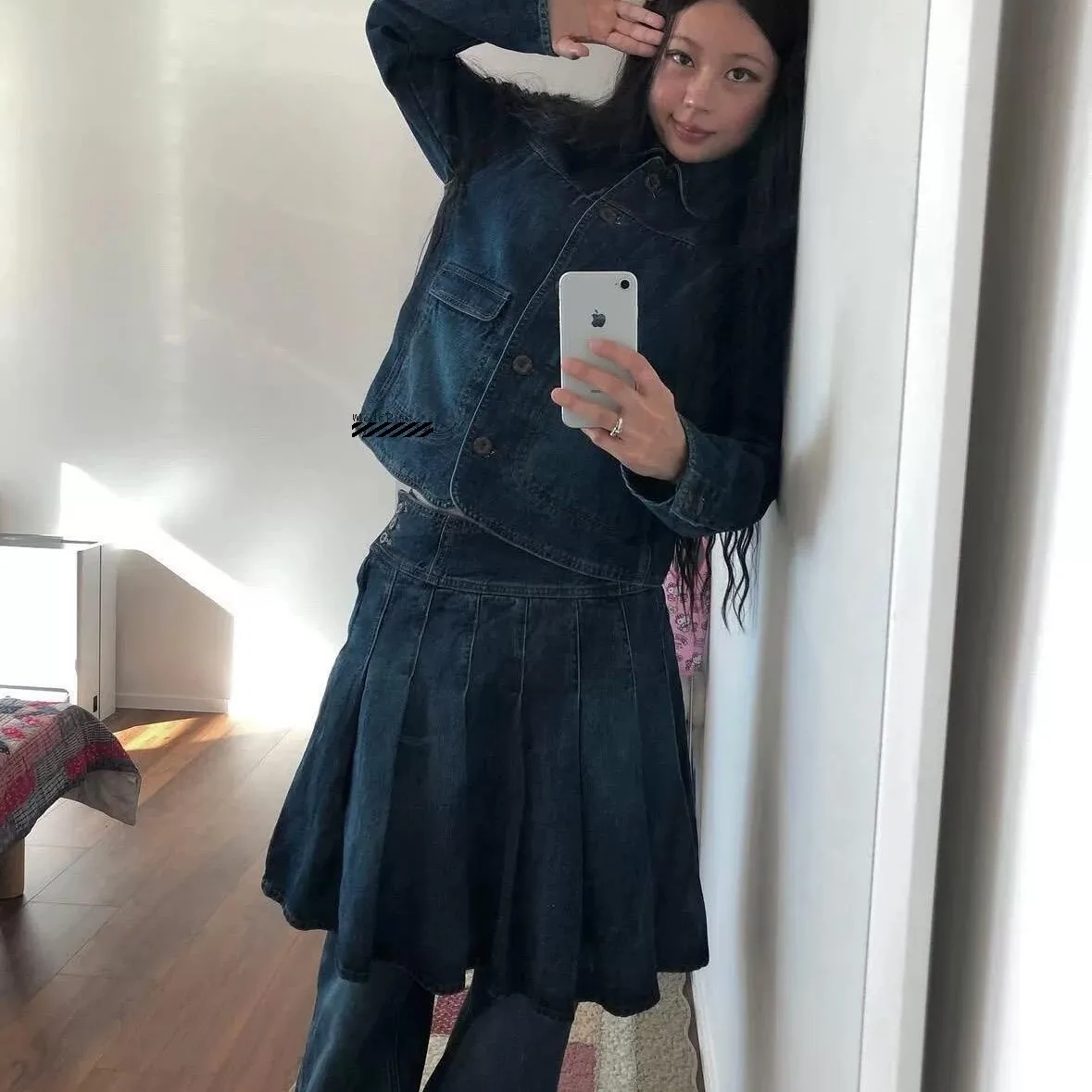 

Coyseio Autumn Winter Denim Jacket Collared Skirt Dress Casual Style Standard Fit Cotton Blend Women's Outerwear