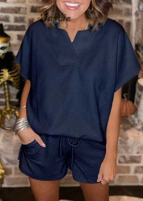 

Solid V-neck Loose T-shirt And Drawstring Shorts Two Piece Set Loose Shorts + Short Sleeve Tops Suit 2024 New Summer