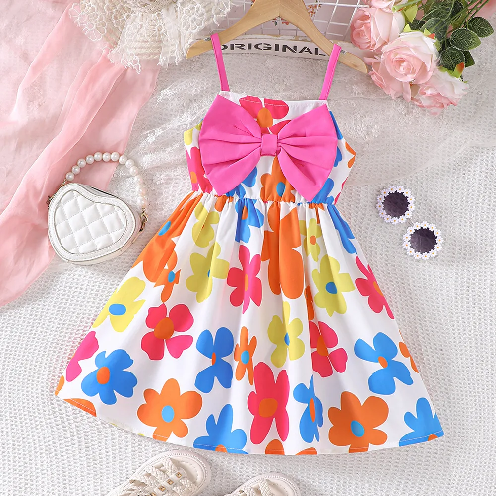 

2024 Summer New Arrival Girls Sleeveless O Neck Print Floral Bow Pink Roupa Infantil Menina Cute Party Dress Custume 18M-6T