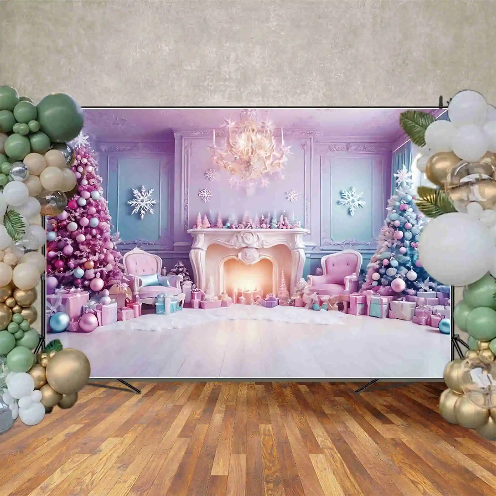 MOON.QG Fairy Christmas Christmas Tree Backdrop Fireplace Western Purple Blue Pine Tree Background Party Photocall Supplies