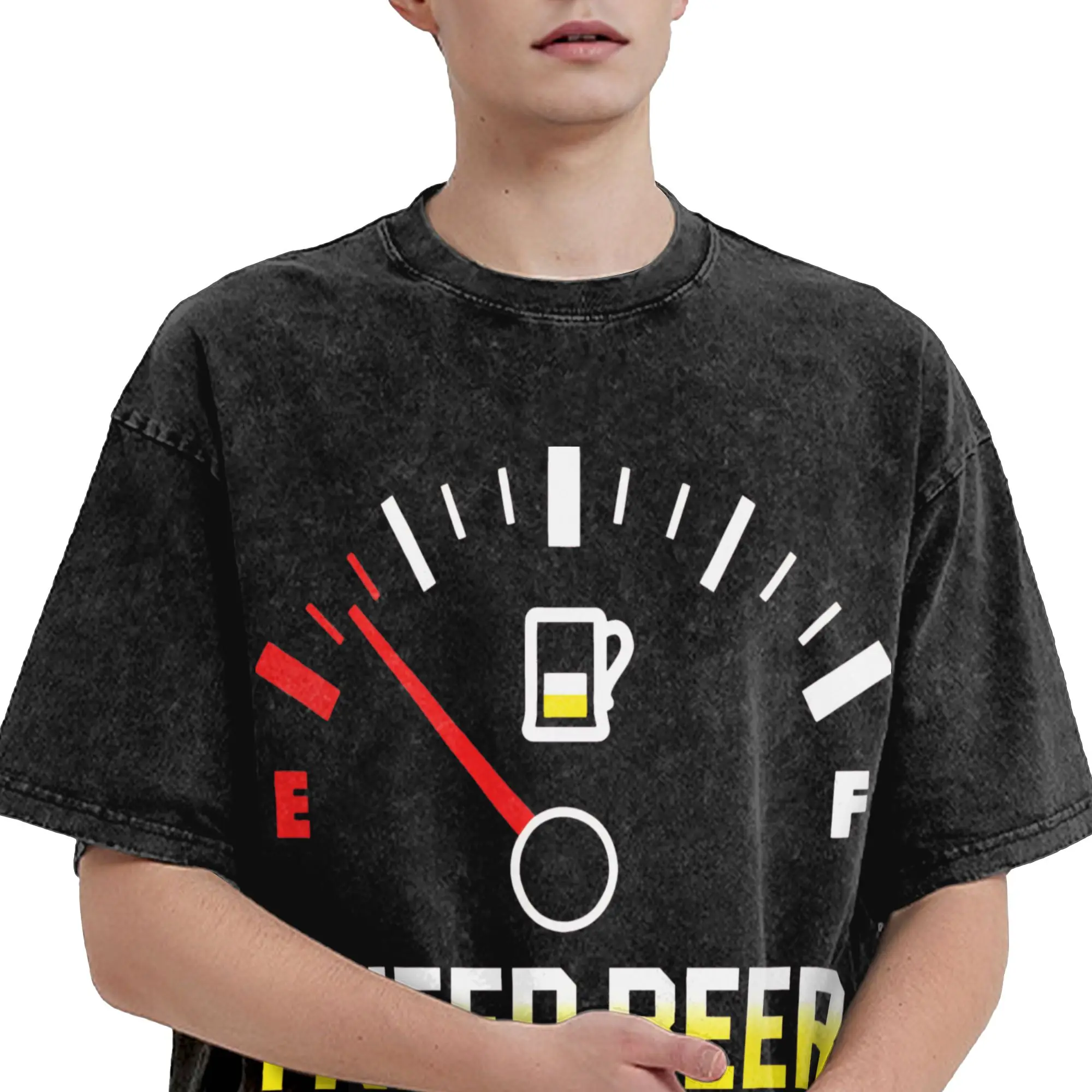 Funny I Need A Beer  T-Shirts Men Crew Neck 100% Cotton Washed T Shirt Fuel Gauge Short Sleeve Tees Big Size Tops
