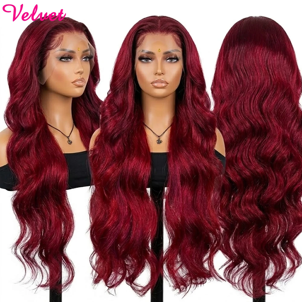 

Красный парик из натуральных волос 99J Burgundy, волнистый, с HD-кружевом 13x6, предварительно проработанный, плотность 200%, для создания эффекта влажных волн