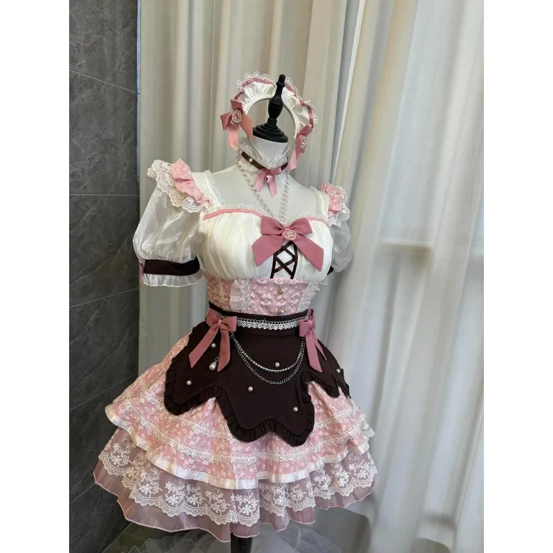 Sweet Y2k Lolita Maid Square Neck Puff Sleeves Lace Bow 2 Piece Dress Set Chocolate Pink White Tiered Birthday Dresses for Woman - view 5