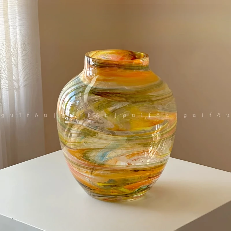 

New Chinese mural color scheme light luxury high sense glazed vase design sense niche living room glass