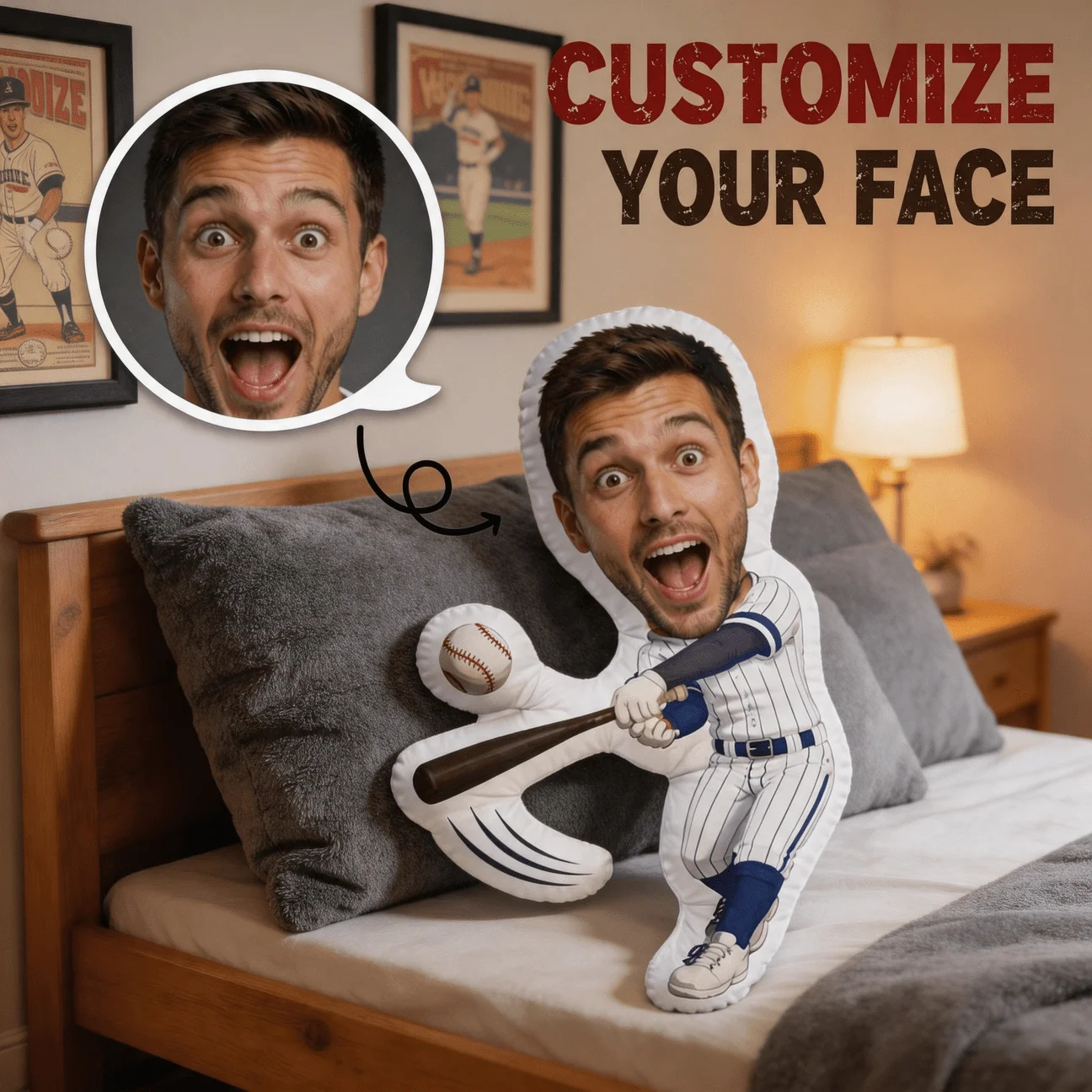 Custom Face Baseball Player Shaped Pillow, Personalized Photo Customization Decorative Cushion, 70CM Large Size Accent Pillow fo