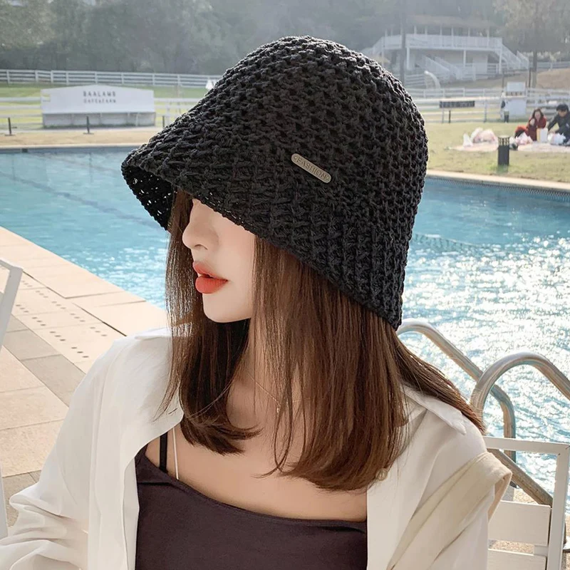 Ladies Korean Fashion Knitted Pot Hat Summer Thin Section Sunshade Sunscreen Bucket Hat Mesh Breathable Fisherman Hat Straw Hat