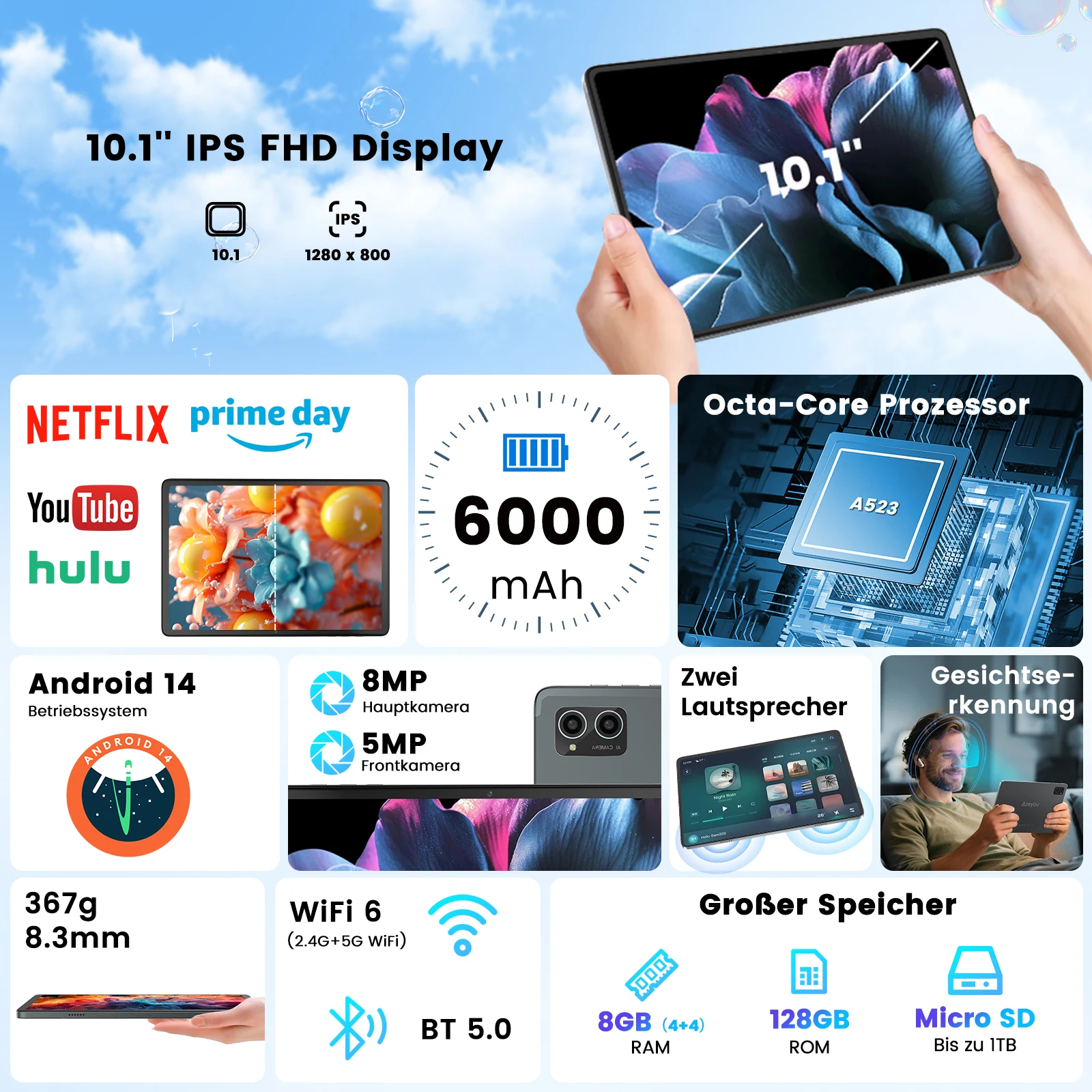 Tablet Android 14 Tablet con processore Octa-Core da 6000 MAH, touch screen IPS da 8 GB RAM 128 GB ROM, con fotocamera da 5 MP + 8 MP, Wi-Fi 6
