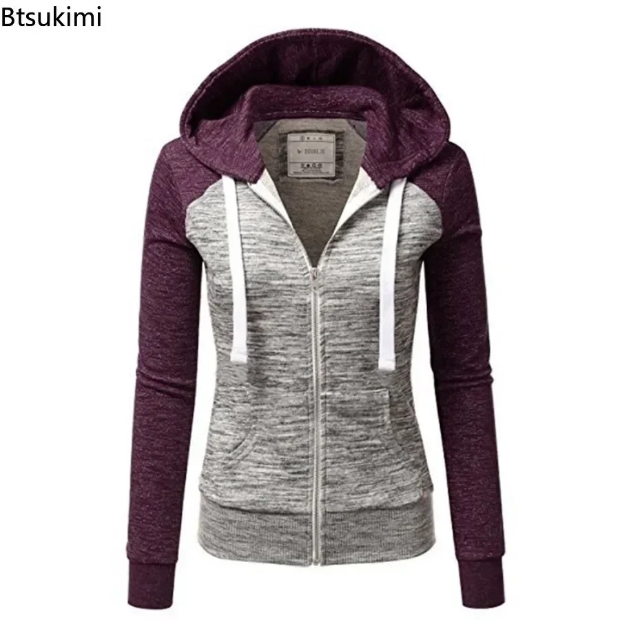 2025 Women\'s Long Sleeve Hoodies Fashion Splice Design Hooded Drawstring Sport Zip-up Coats Women Casual Color Block Sweatshirts