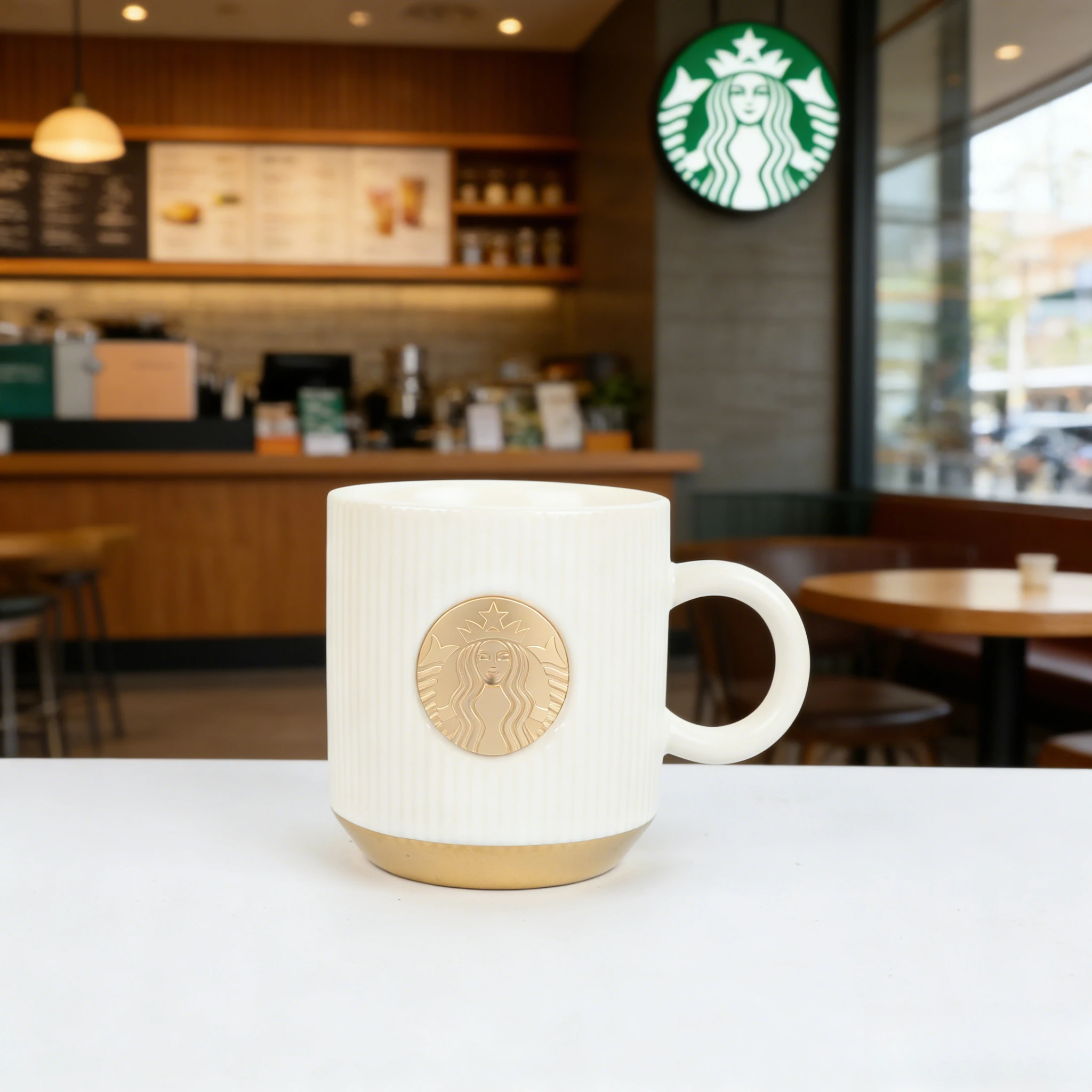 Caneca Vintage Starbucks Branca com Emblema Dourado Siren 355ml - Presente Lindo para Ela, Amantes de Café