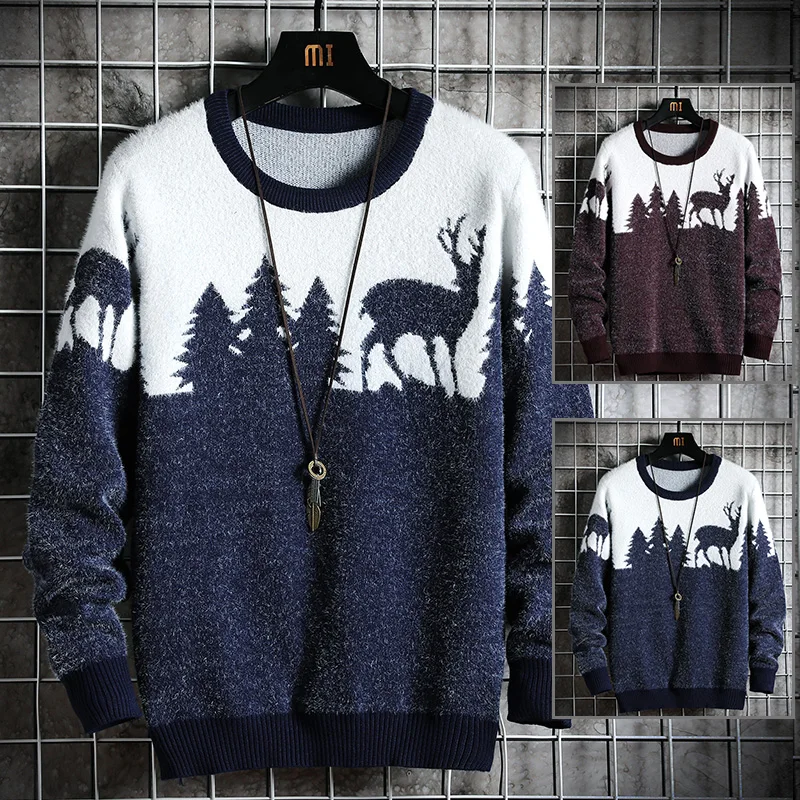 Christmas Elk Sweater 2024 New Men's Fahion Autumn Brand Casual Winter Clothing Men Loose Sweaters Warm Thick Pullover Tops New