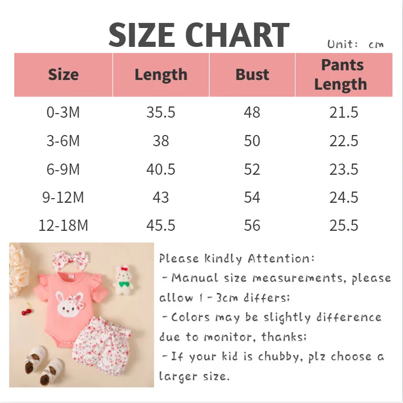 3PCS Baby Girl Clothes Outfits for 0-18 Months Ruffled Sleeve Lovely Rabbit Bodysuit+Flower Shorts+Headband Summer Casual Wear