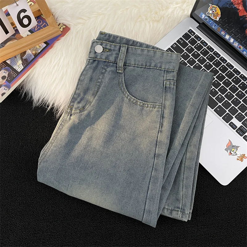 

Vintage do old straight leg jeans men loose couple casual matching trousers