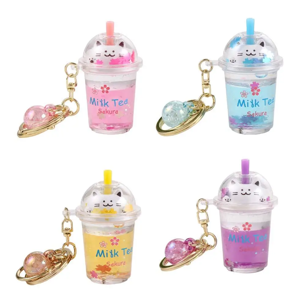 Cute Gifts Women Cartoon Ornaments Bag Key Ring Kids Sakura cat Key Ring Key Holder Car Key Chain Milk Tea Bottle Keychain