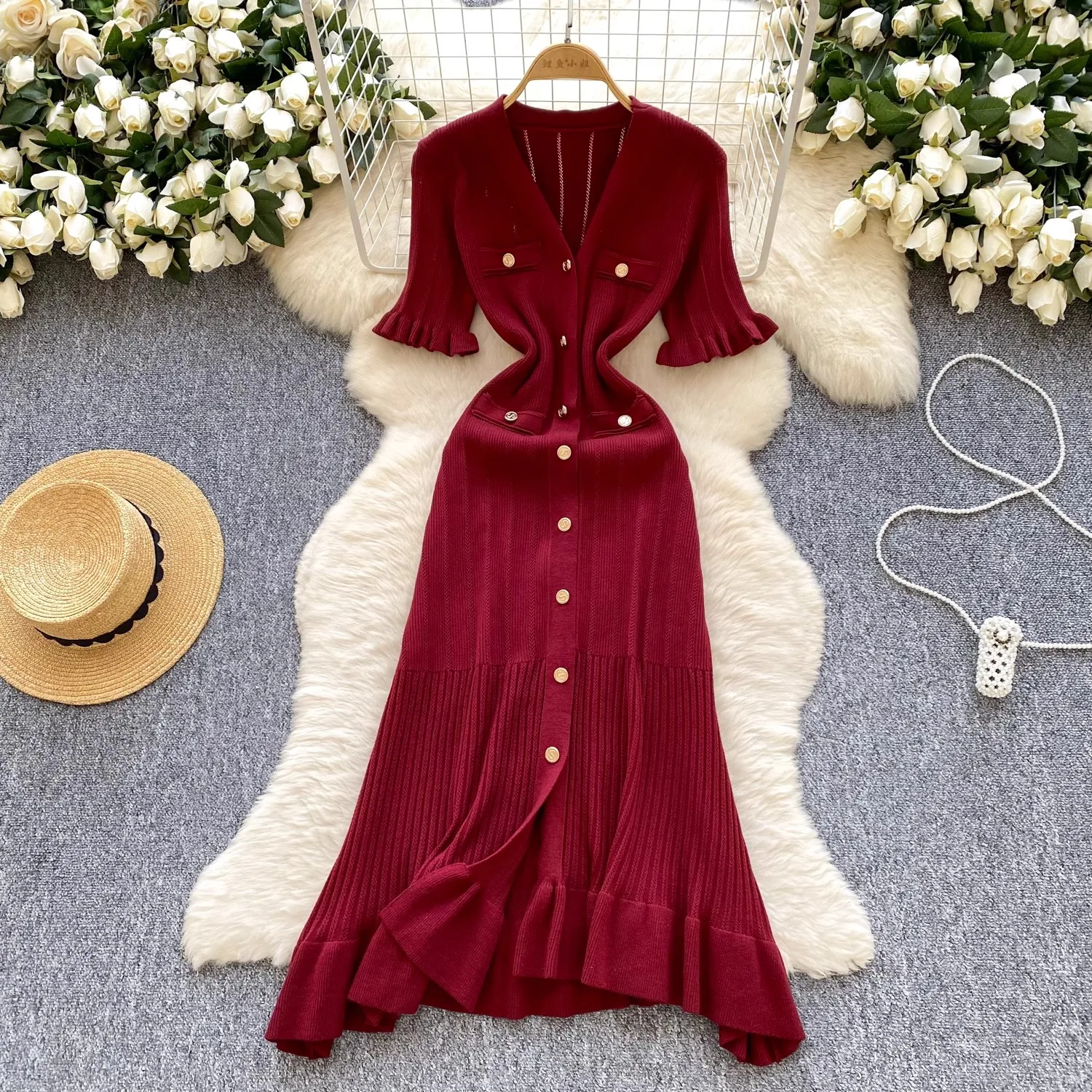 

2026 NEW Spring Summer Women Fashion Vintage Knitted Long Dress Elegant V-neck Ruffled Bodycon Sweater Dress Party Vestido