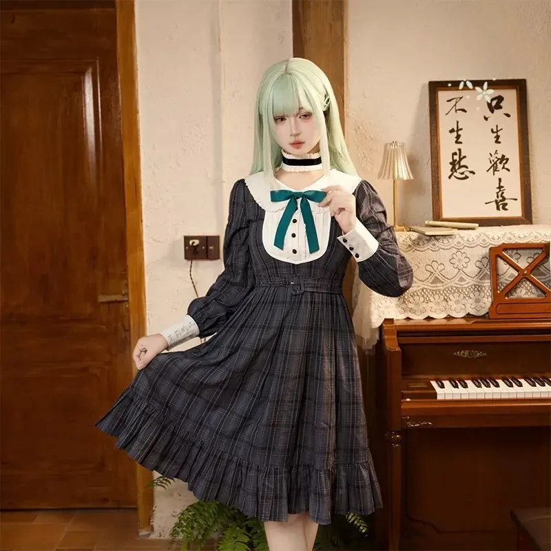 

Anime Wakaba Mutsumi Cosplay Costume Checkered Maxi Dress with Wig Full Set for Women Role Play Outfit Theme Party