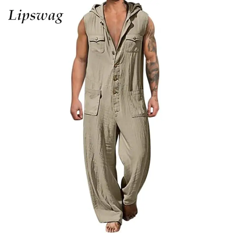 2025 Spring Summer Leisure Mens Jumpsuits Sleeveless Buttoned Hooded Romper Overalls For Men Vintage Solid Color Pants Playsuits