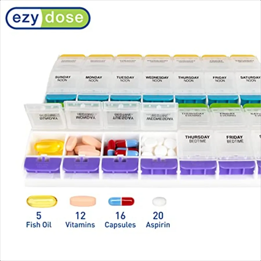 Ezy Dose Weekly 7Day Pill Organizer Vitamin and Medicine Box 2XLarge Push Button Compartments 4 Times a Day Clear Lids