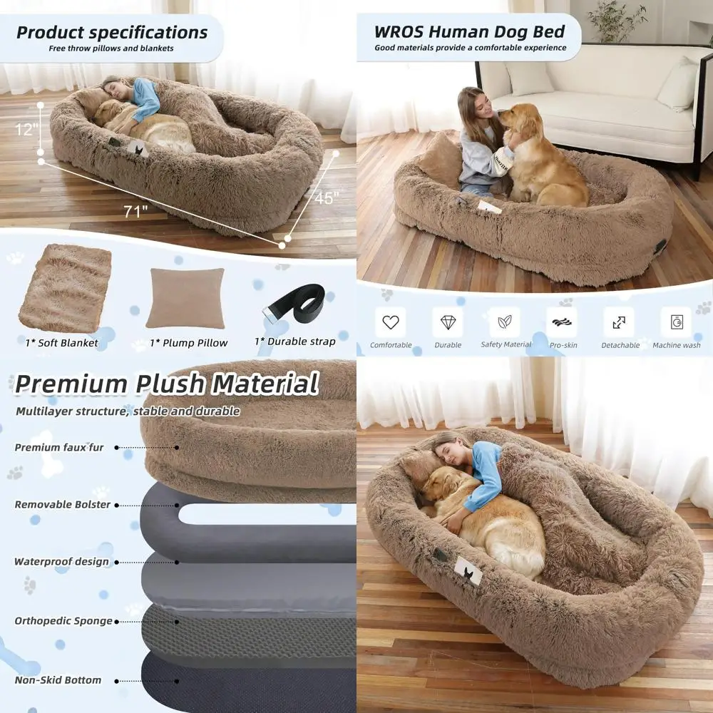 

Ортопедическая лежанка цвета хаки из искусственного меха для людей и крупных собак, моющаяся, с подушкой и одеялом