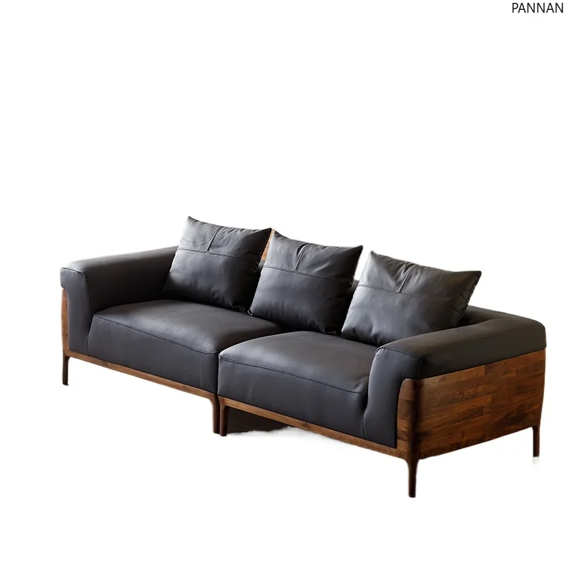 

North American black walnut sofa leather living room solid wood sofa straight row big black cow sofa