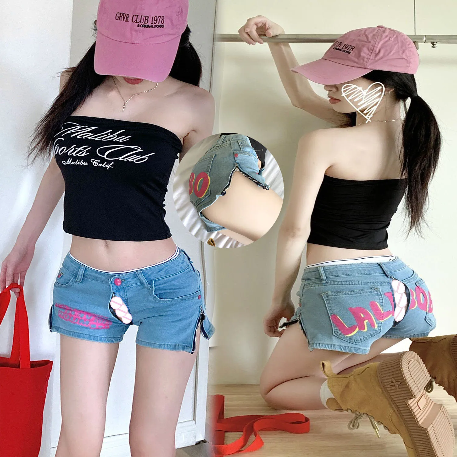 

Y2K Open Crotch Outdoor Sex Pants Women Shorts Exotic Hotpants Letter Boyfriend Jeans Summer Peach Hip Denim Casual Streetwear