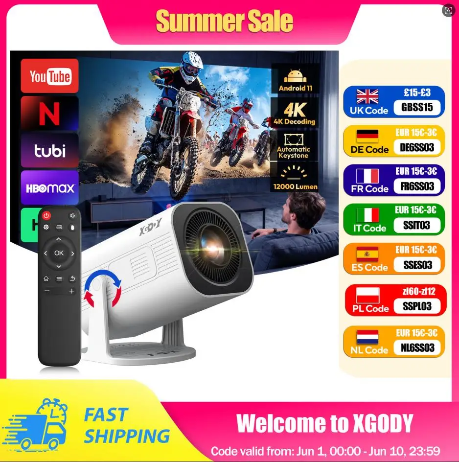 XGODY cardan 3 Pro projecteur 4K Wifi6 Android Mini projecteur 300 ANSI double WIFI BT5.4 1280*720P Home cinéma extérieur Portable